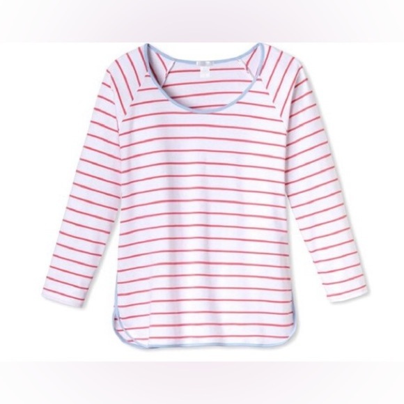 LAKE Pajamas Pima Long Sleeve Scoop Neck Top In Ruby Breton Stripe - Picture 1 of 8